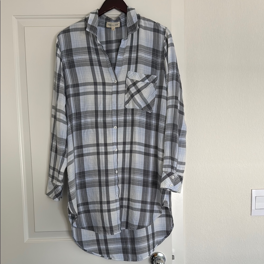 Gray, Blue and White Plaid Button-Up Shirt Dress
